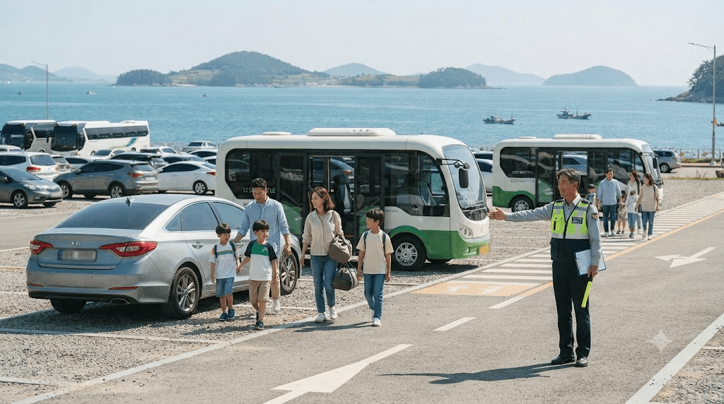 해변 주차장 관광버스와 여행객