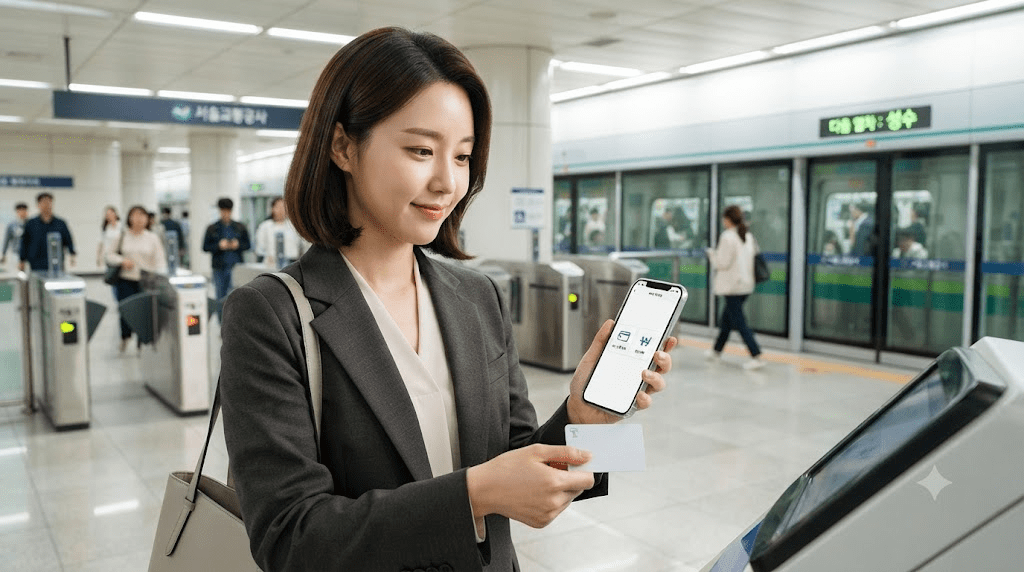 역 개찰구 앞에서 휴대전화를 확인하는 여성