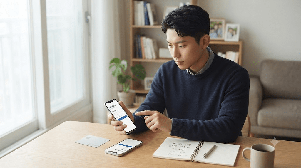 책상에서 휴대전화를 확인하는 남성