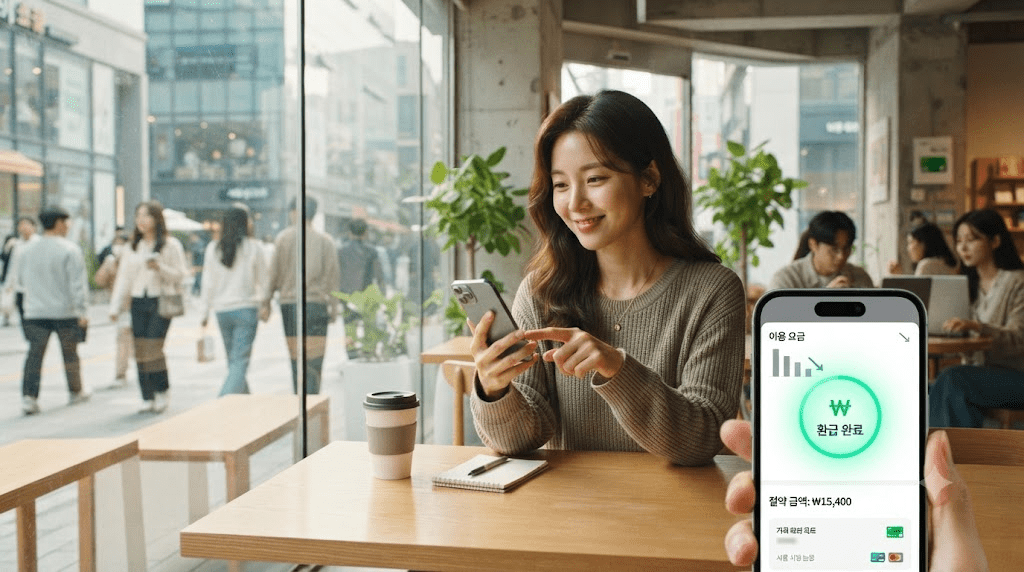 휴대전화 안내 화면을 확인하는 여성