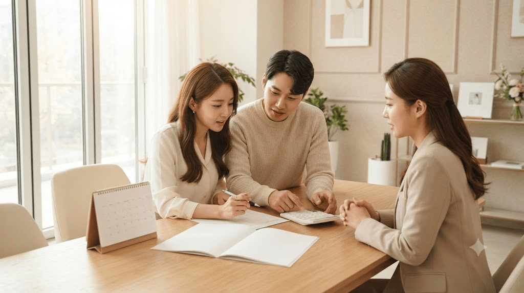 상담 테이블에서 자료를 확인하는 사람들