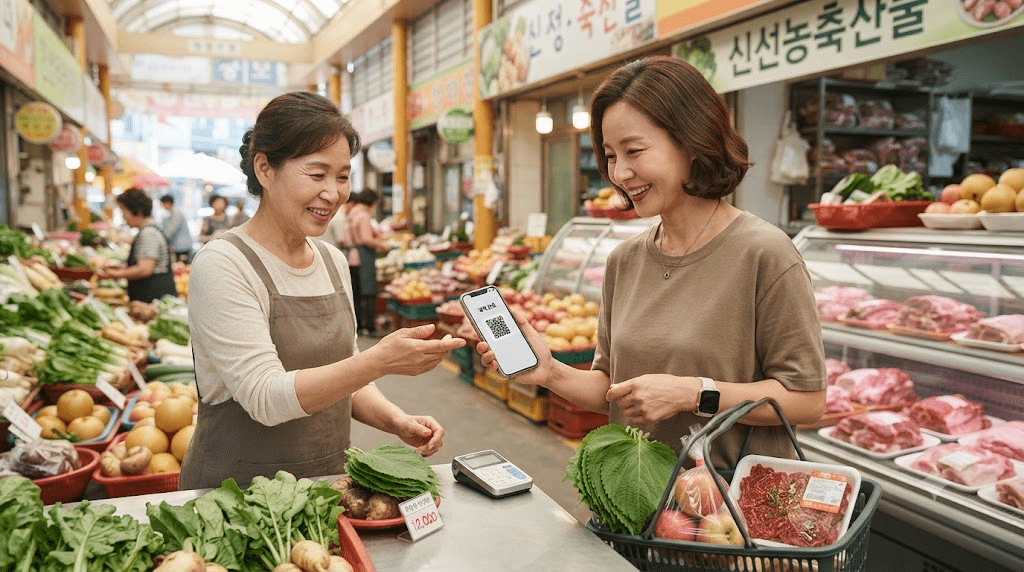 마트에서 식품 표시를 확인하는 두 여성