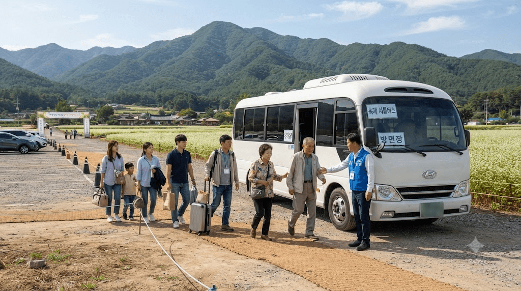 관광버스 앞에 모인 여행객