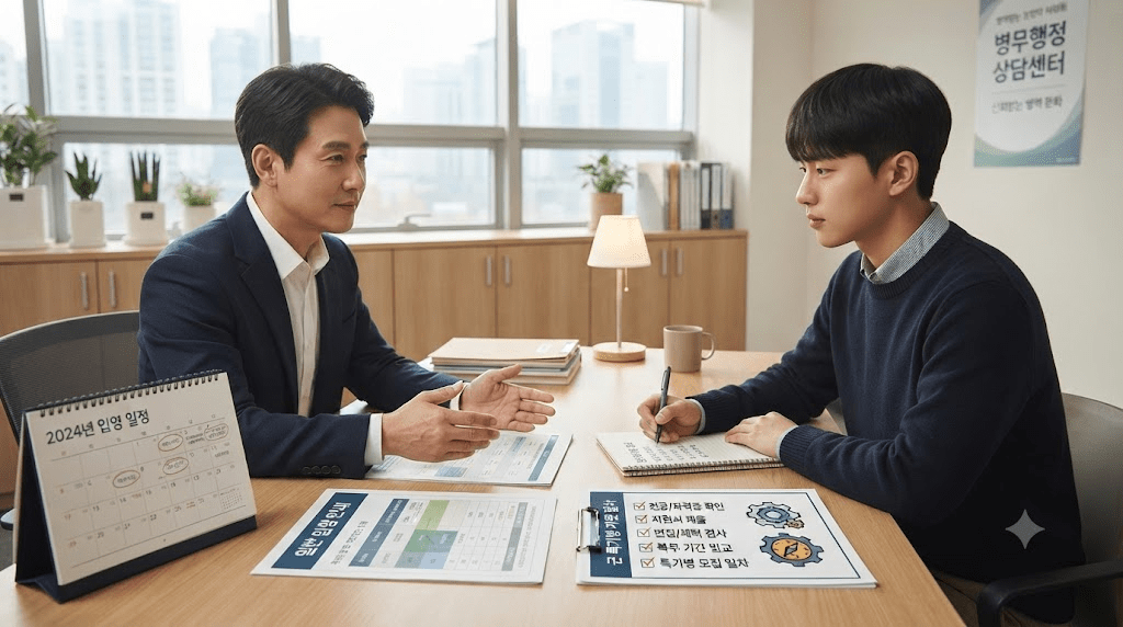 상담 테이블에서 자료를 확인하는 두 남성