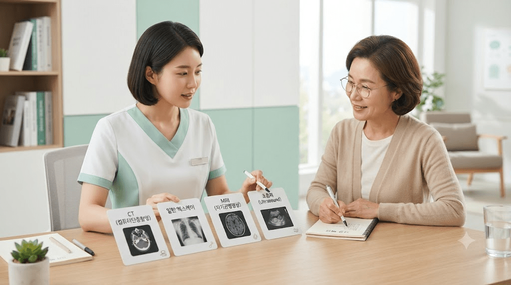 의료진과 진료 자료를 확인하는 여성