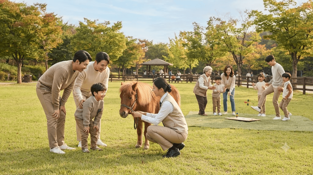 잔디에서 반려견과 놀아주는 사람들