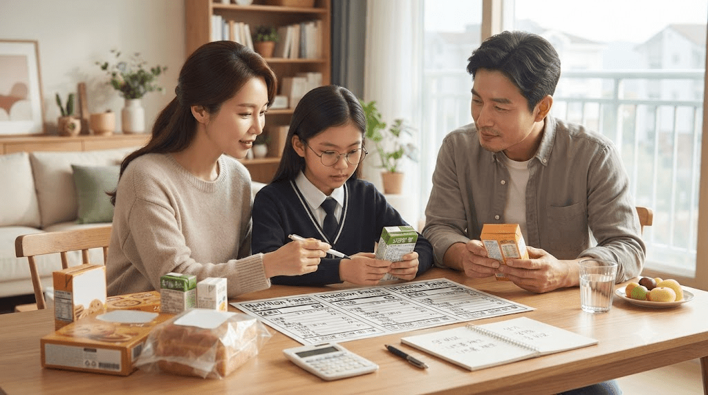 탁자에서 안내 자료를 확인하는 가족