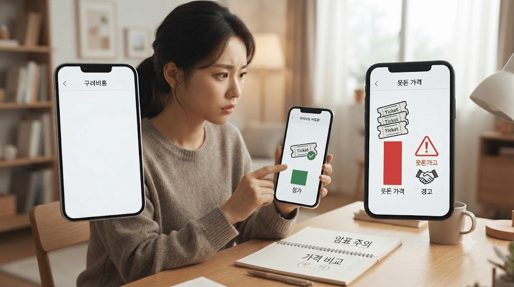 경고 표시가 있는 휴대전화 화면을 보는 여성