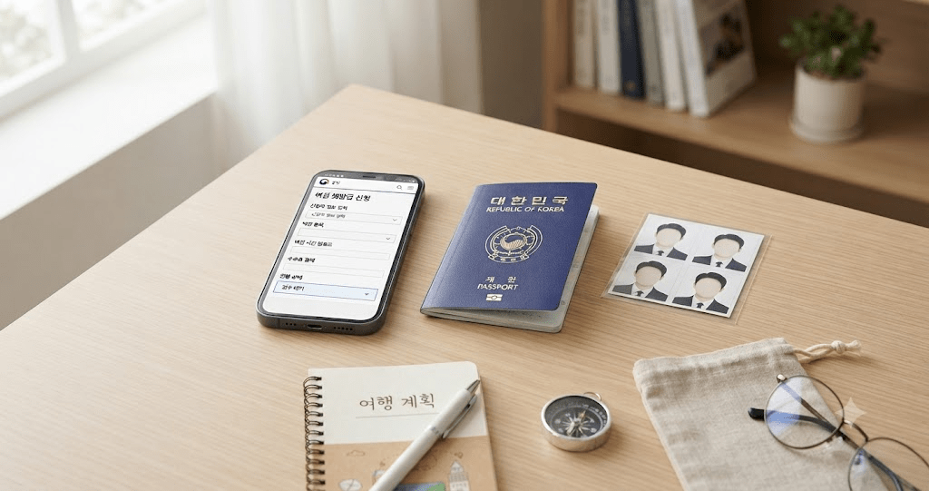 휴대전화와 여권 및 신분 서류가 놓인 탁자