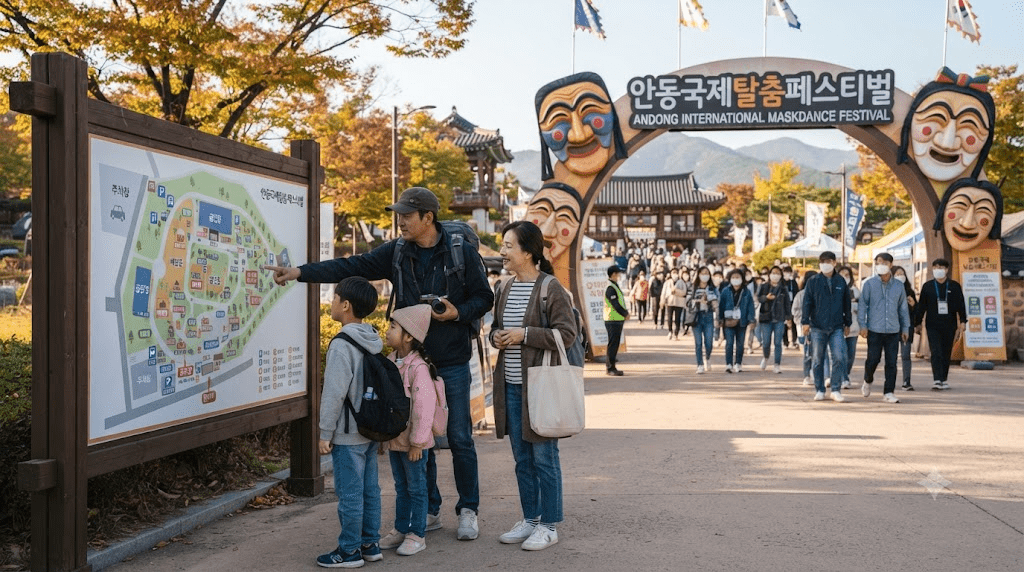 문화 행사 안내 지도를 보는 가족