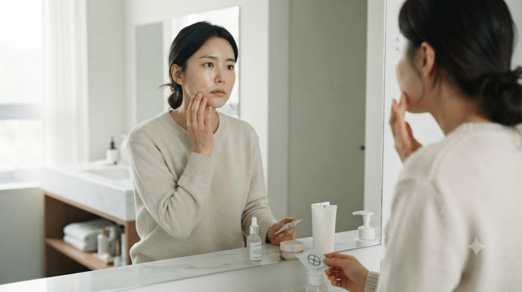 거울 앞에서 얼굴 피부를 확인하는 여성