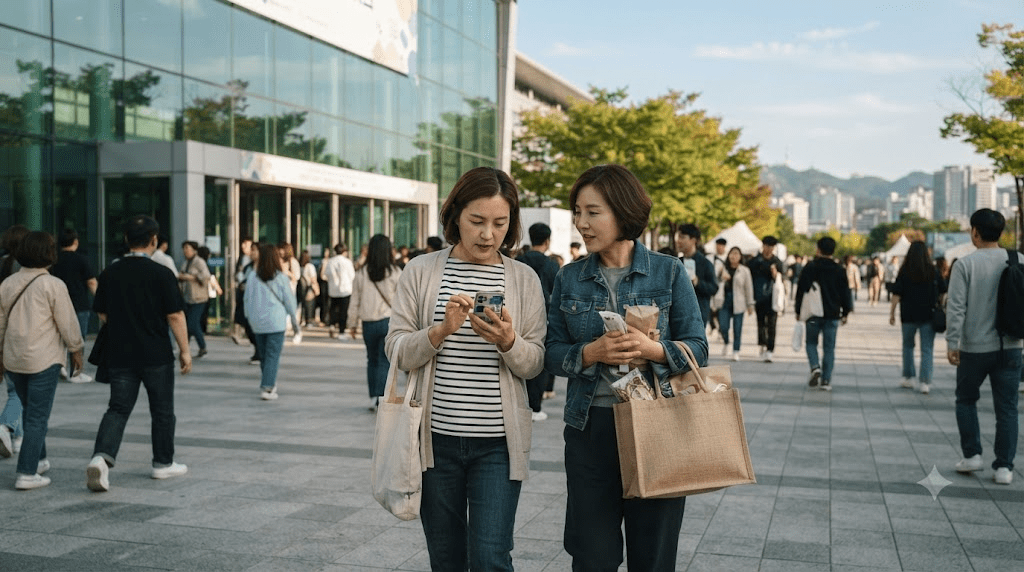 야외 행사장을 걸으며 안내 자료를 보는 두 여성
