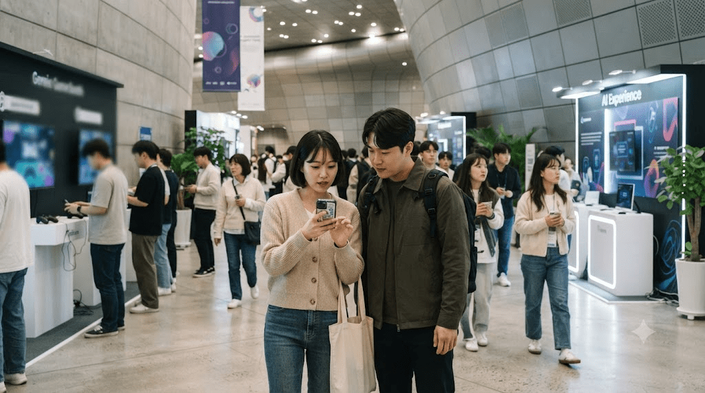 전시장 안내 자료를 확인하는 두 사람