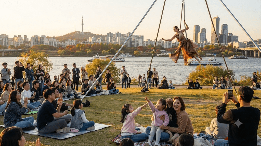 야외 축제 잔디밭에서 쉬는 관람객
