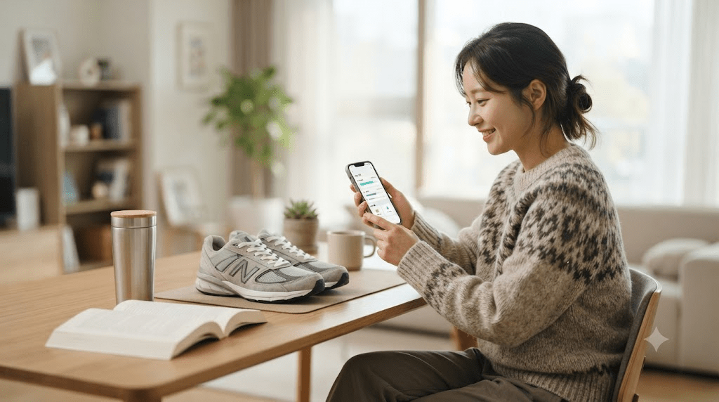 운동화 옆에서 휴대전화를 확인하는 여성
