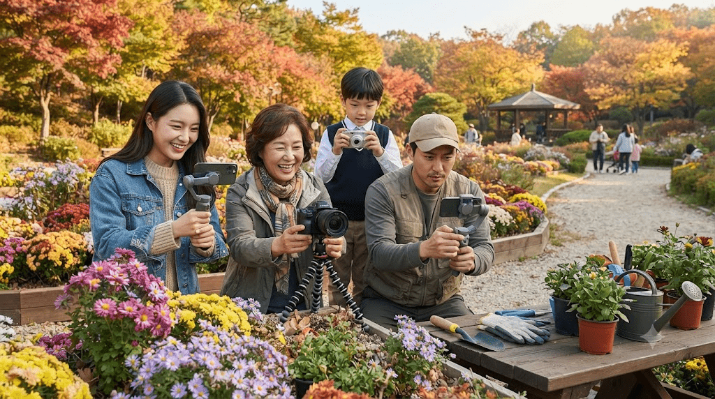 단풍 정원에서 꽃과 휴대전화를 확인하는 가족