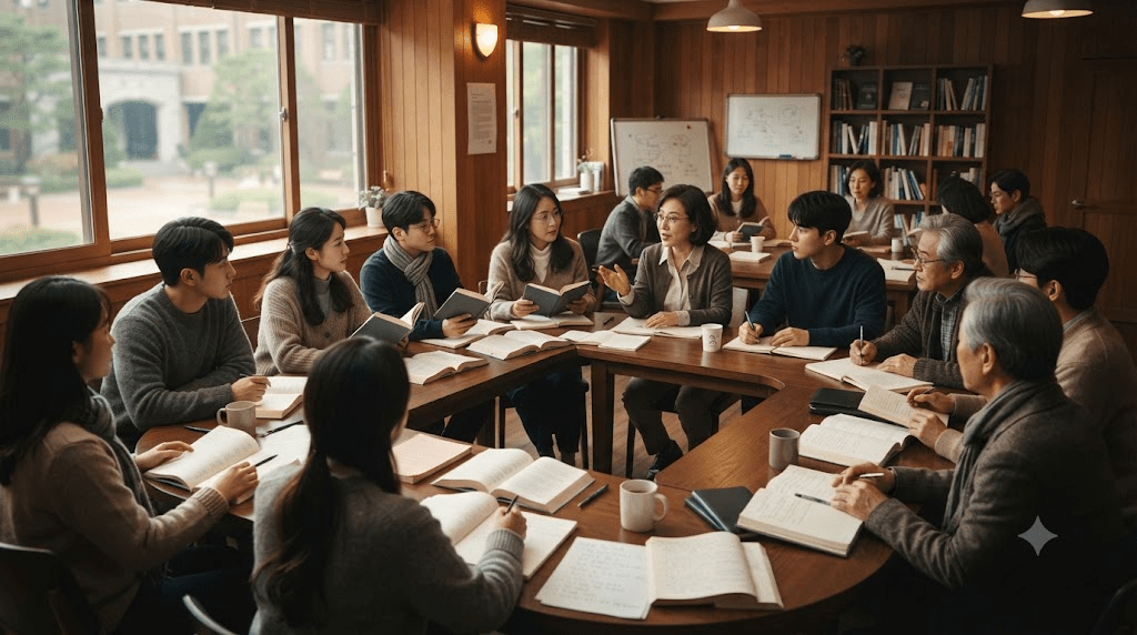 책과 자료를 펼쳐 토론하는 사람들