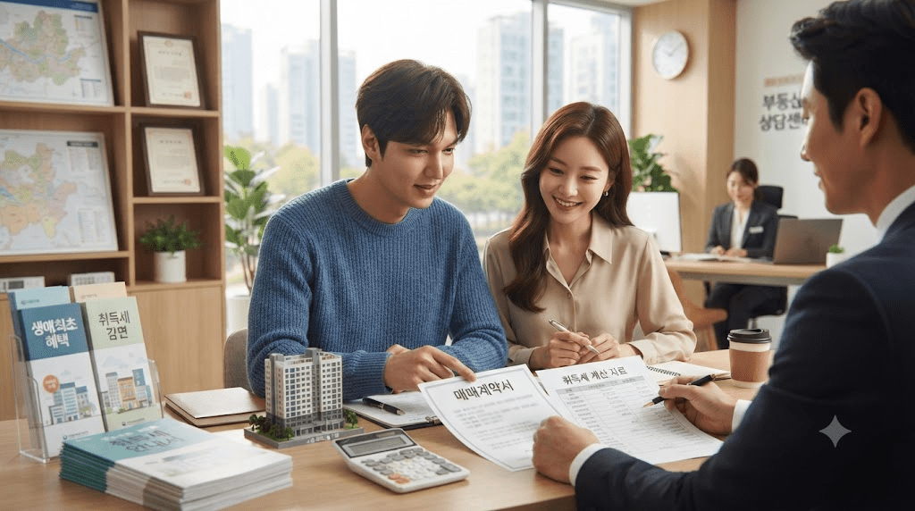 상담 테이블에서 서류를 확인하는 사람들
