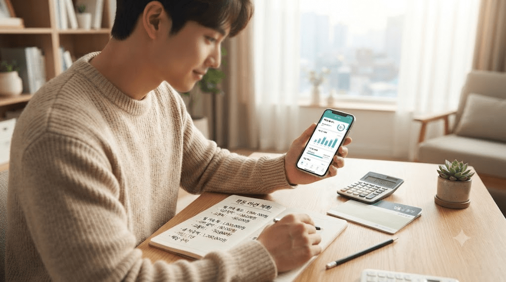 신청 서류와 휴대전화를 확인하는 여성