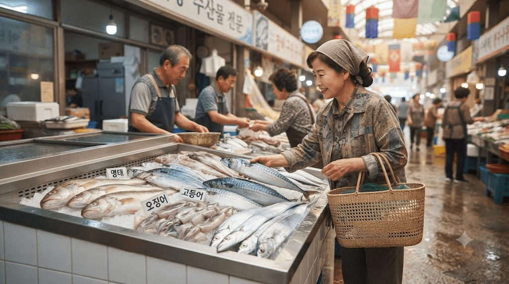 수산시장 진열대를 살펴보는 사람들