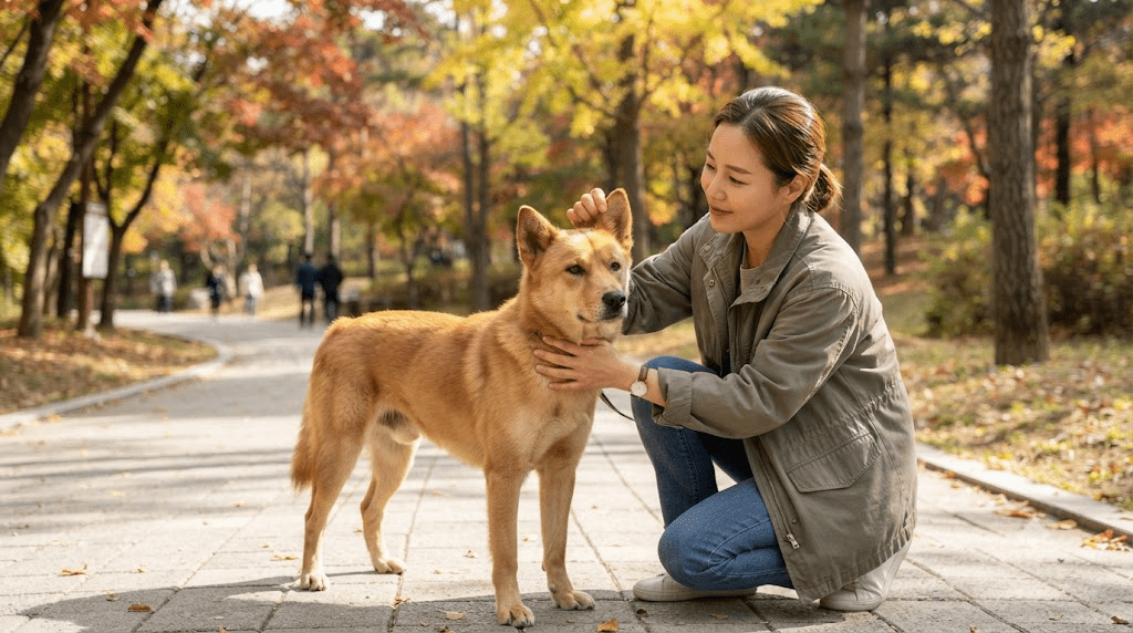 단풍 산책길에서 반려견을 돌보는 여성