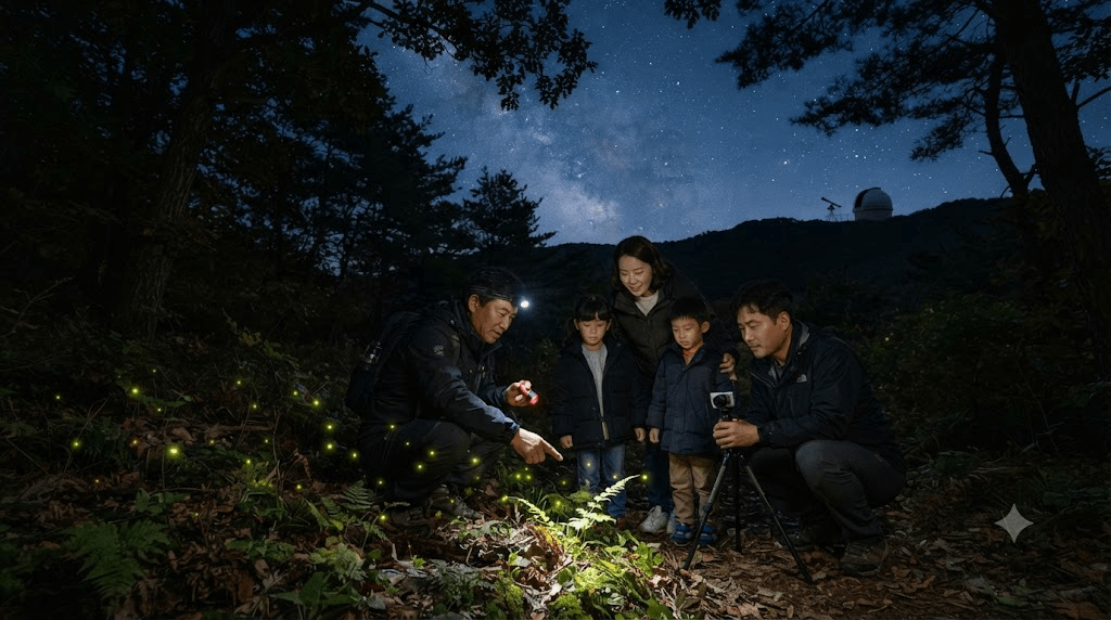 밤 숲에서 조명으로 바닥을 살피는 사람들