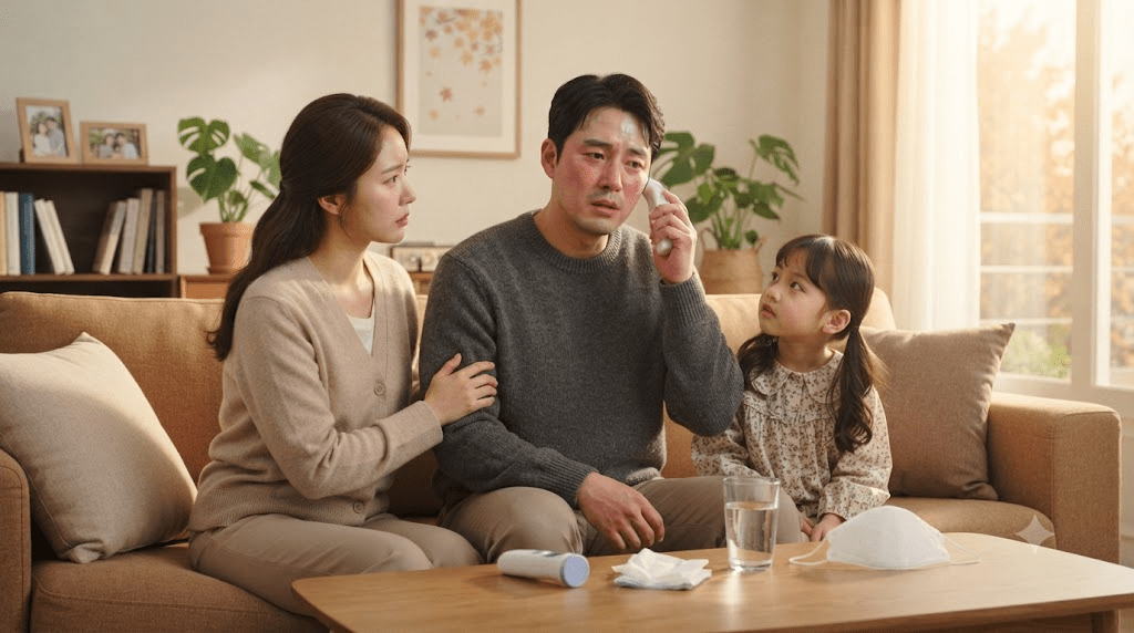 탁자에서 가족과 이야기하는 남성