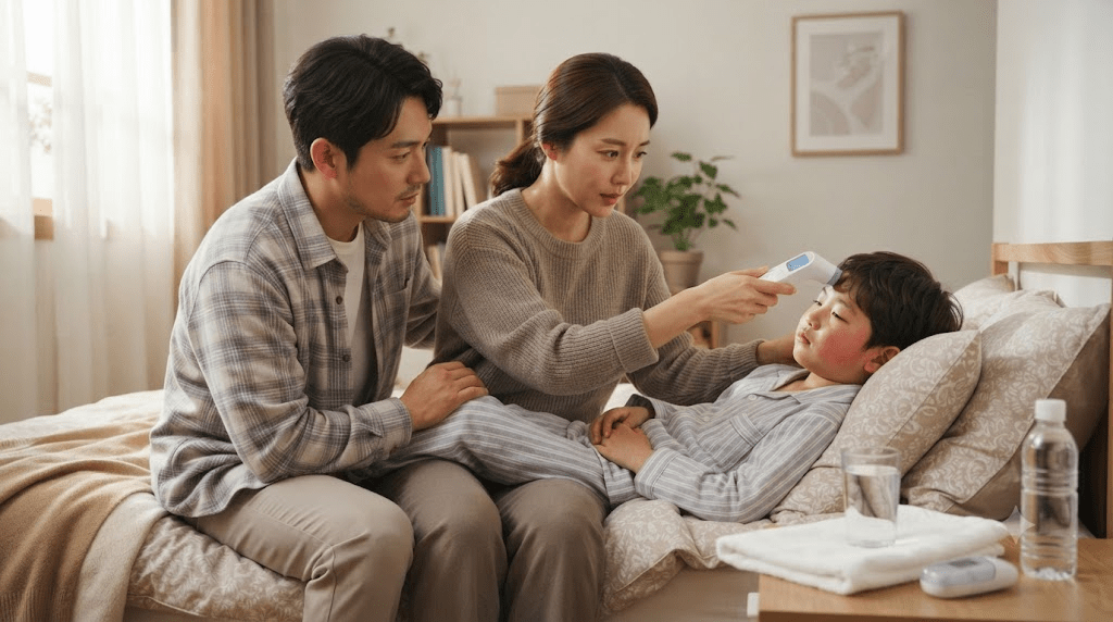 침대에 누운 아이를 돌보는 부모