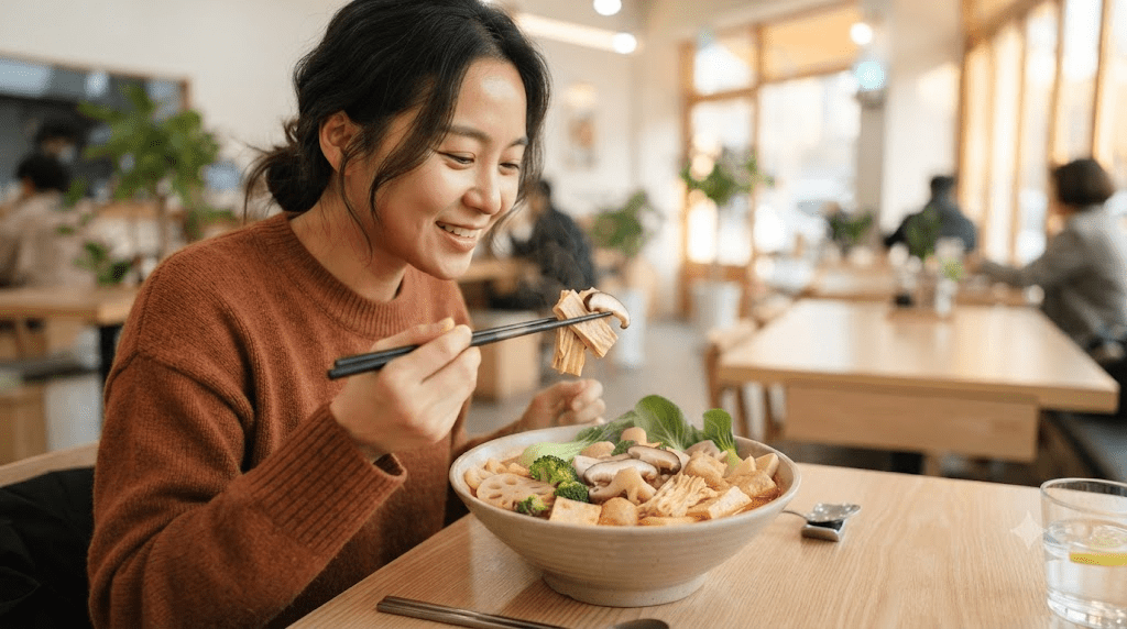 식당에서 음식을 먹는 여성