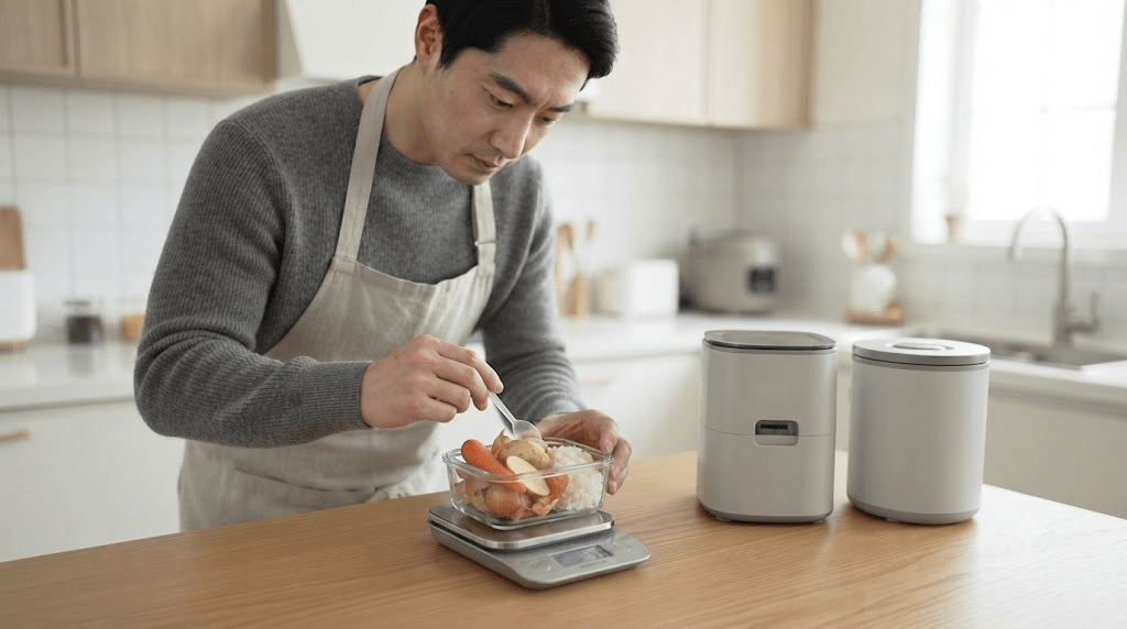 주방 저울로 식품을 계량하는 남성