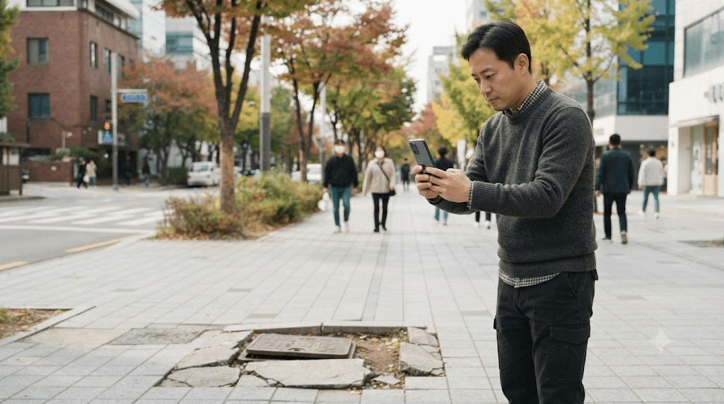 도심 보행로에서 휴대전화를 확인하는 남성