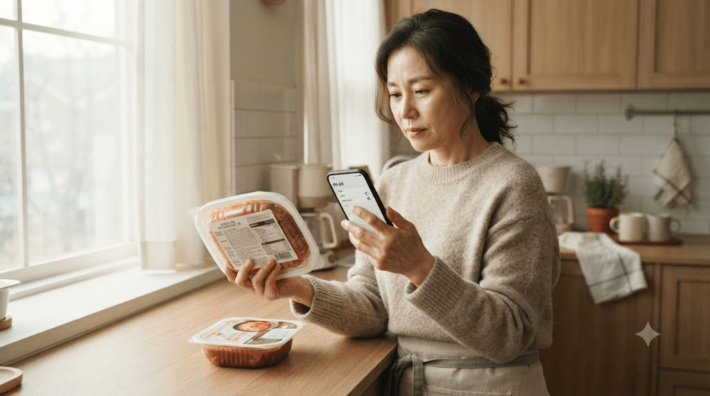 상품 포장과 휴대전화를 확인하는 여성