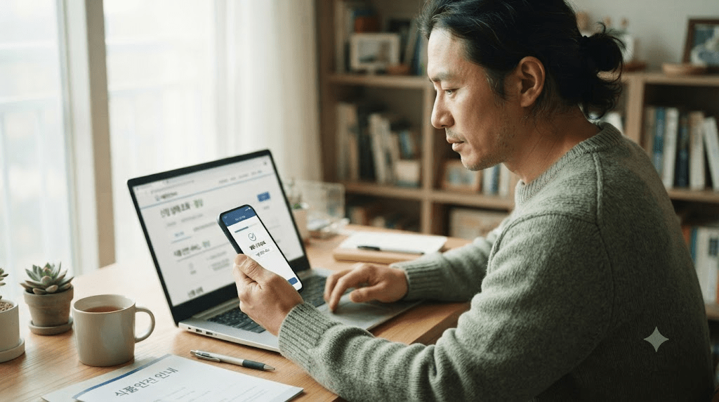 태블릿과 휴대전화 화면을 비교하는 여성