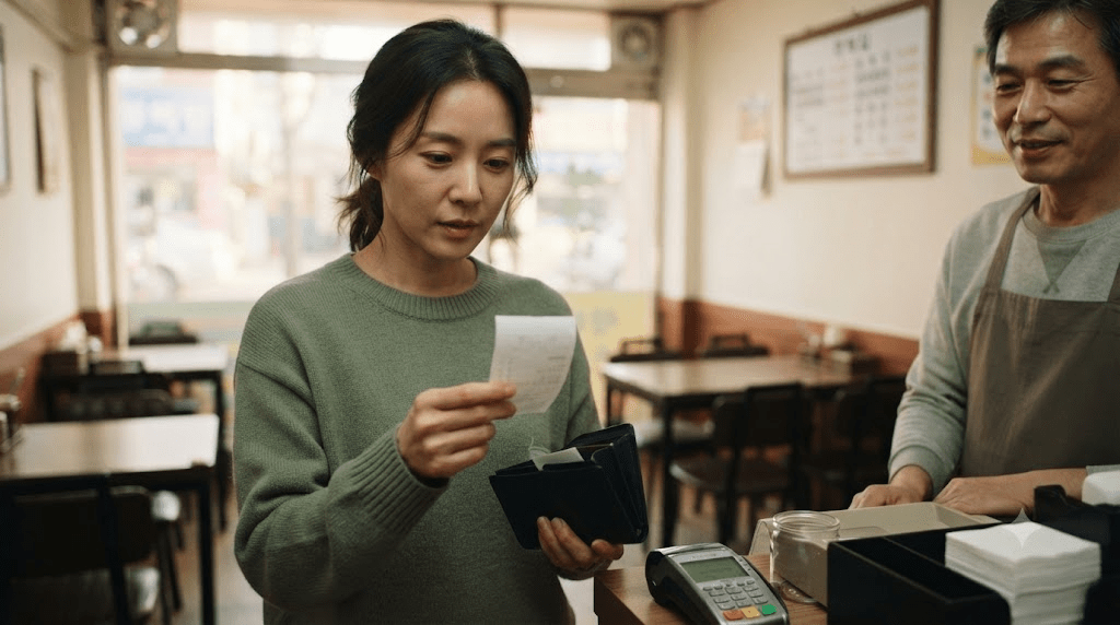상점에서 안내 자료를 확인하는 여성과 남성