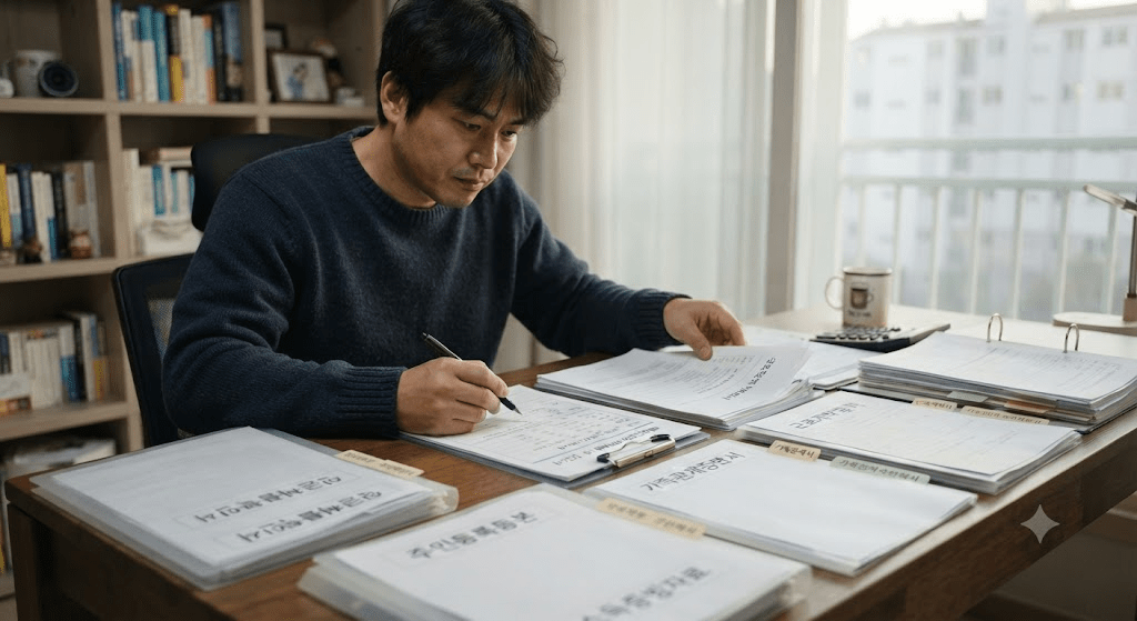 책상에 펼친 서류를 확인하는 남성