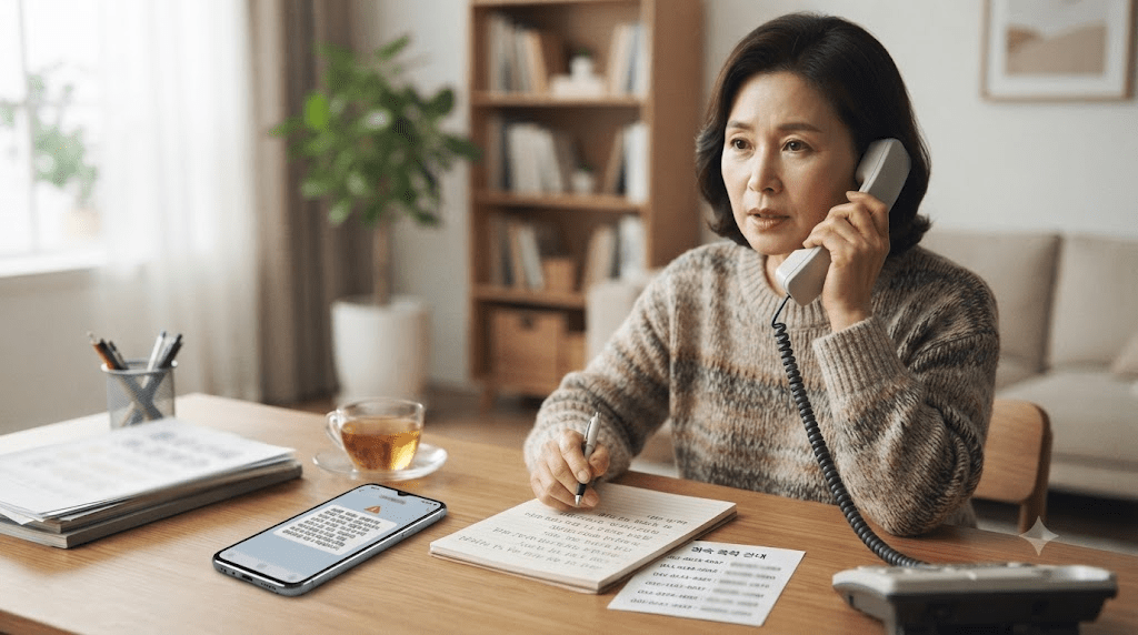 스미싱 피해가 의심돼 다른 안전한 전화기로 신고기관에 연락하는 사용자