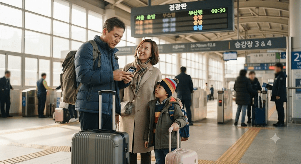 역 대합실에서 안내판을 확인하는 가족