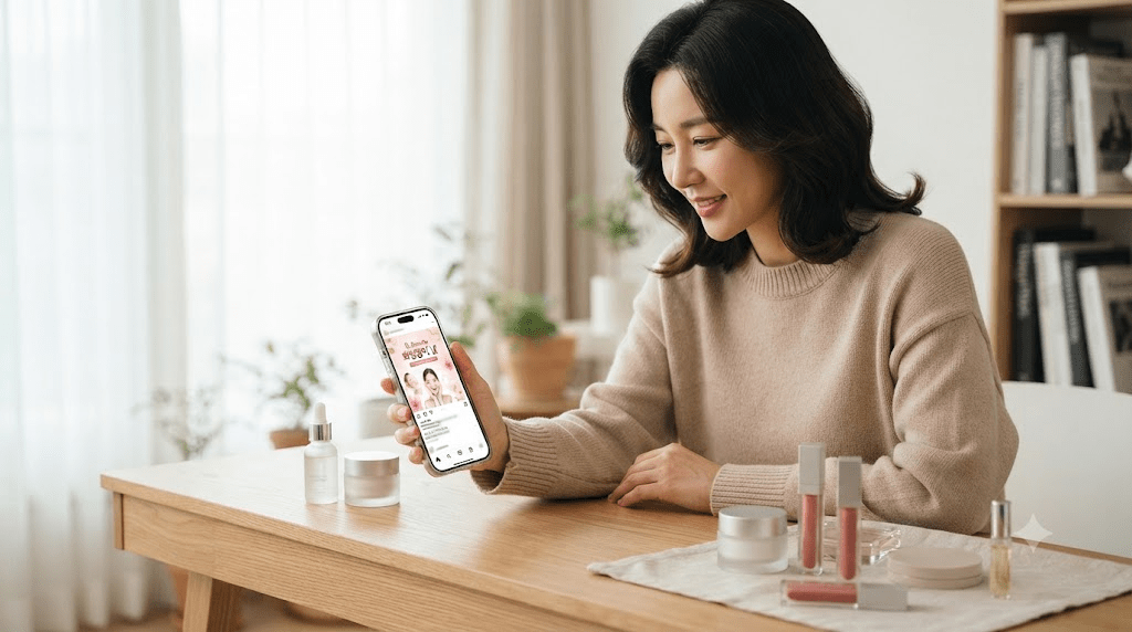 화장품 옆에서 휴대전화를 확인하는 여성