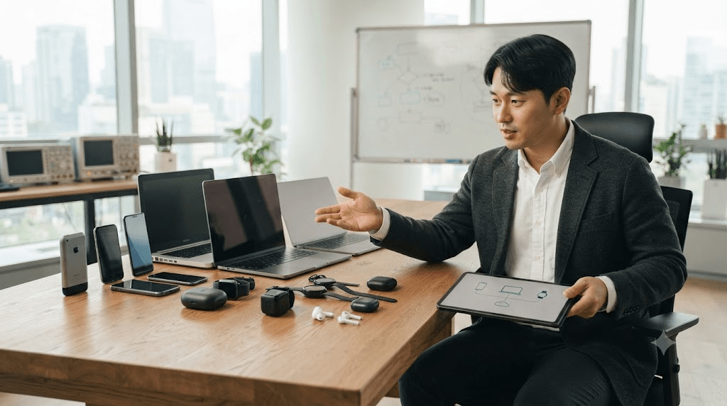 기술 전시장 책상에서 자료를 확인하는 남성