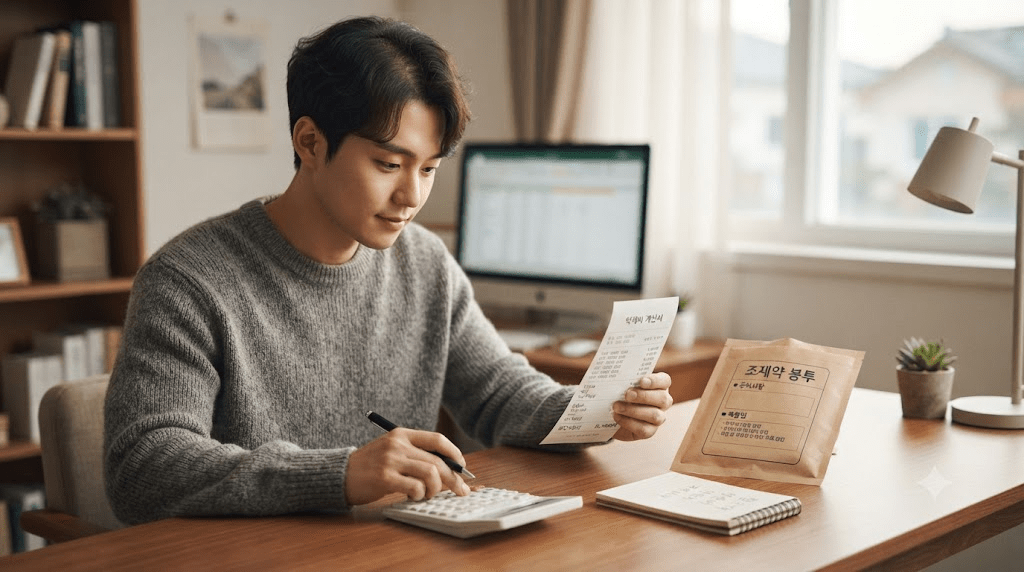 휴대전화와 안내문을 확인하는 남성