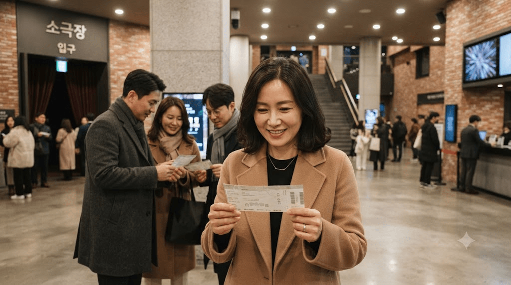 공연장 로비에서 현장수령한 연극 티켓의 회차와 좌석을 확인하는 관객