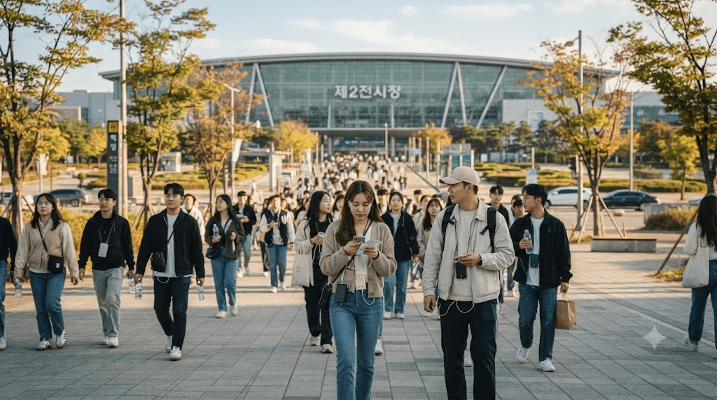 장시간 음악 페스티벌 관람을 준비해 일산 대형 전시장으로 이동하는 한국인 관객들