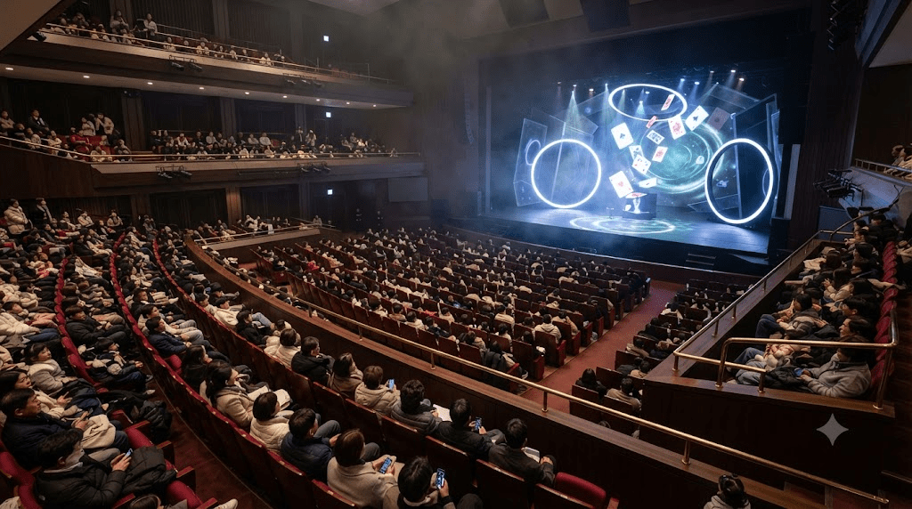 대형 공연장의 R석과 S석에서 마술쇼 무대를 기다리는 한국인 가족 관객들