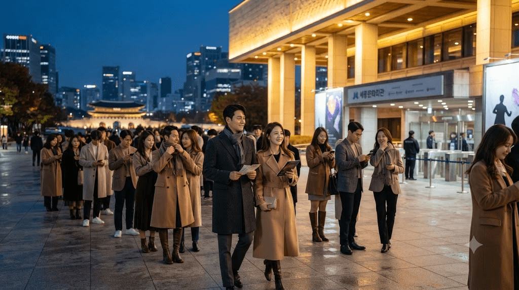 세종문화회관 대극장 앞에서 라보엠 공연을 기다리는 한국인 관객들