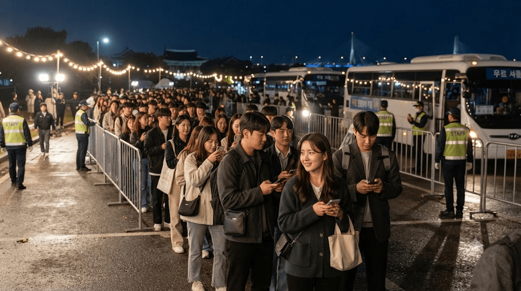 임진각 야간 공연 후 무료 셔틀버스를 기다리는 한국인 관객들