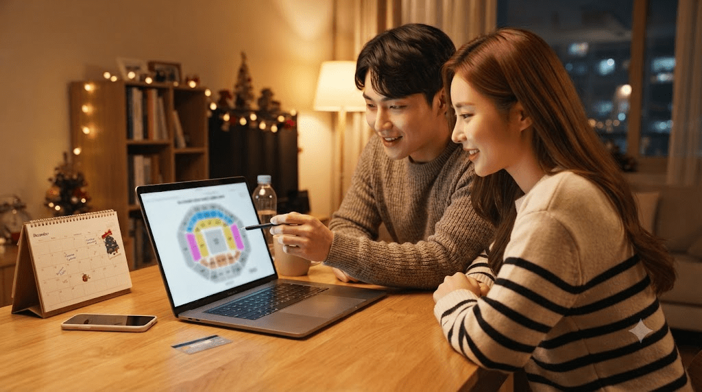 이상준쇼 VIP석과 일반석을 비교하며 크리스마스 공연을 준비하는 한국인 커플