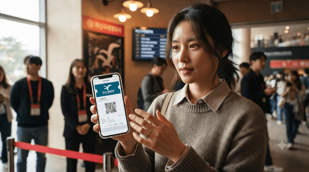 부산국제영화제 상영관 입장 전에 모바일티켓을 준비하는 관객