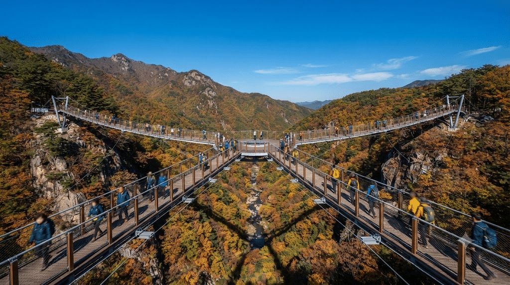단풍 든 계곡 위 우두산 Y자형 출렁다리를 건너는 한국인 등산객들