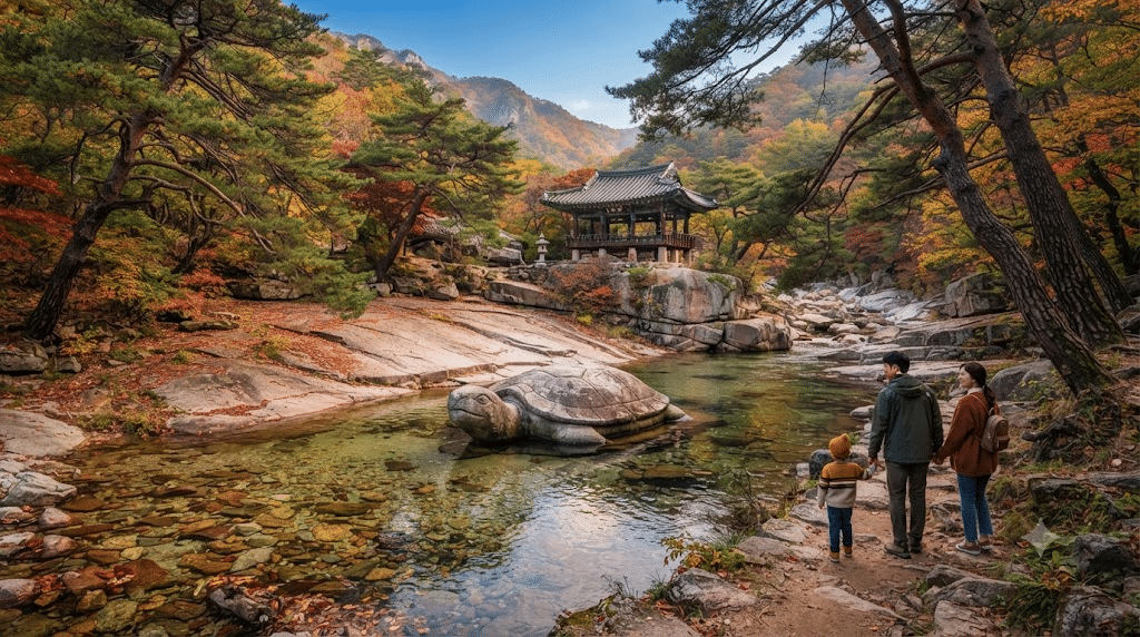 거창 수승대 거북바위와 솔숲을 산책하는 한국인 가족