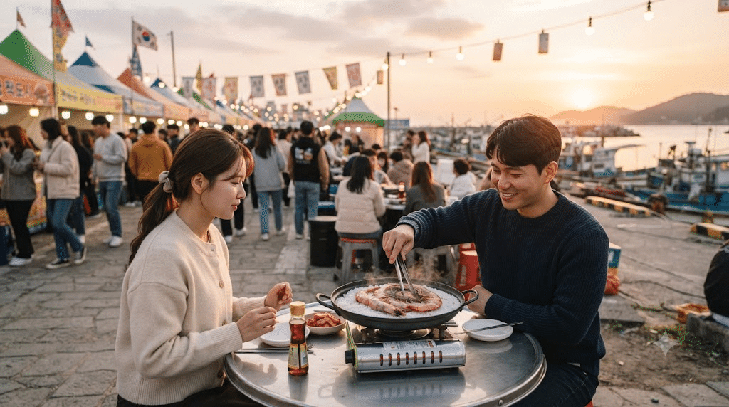 가을 먹거리축제에서 대하 소금구이를 즐기는 한국인 커플
